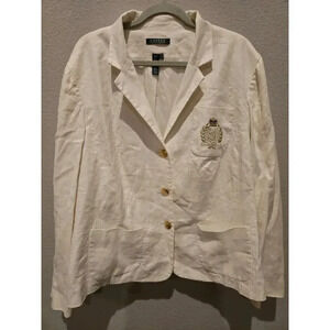 Ralph Lauren Women's Ivory Blazer Jacket Size 18W Embroidered Crest Old Money